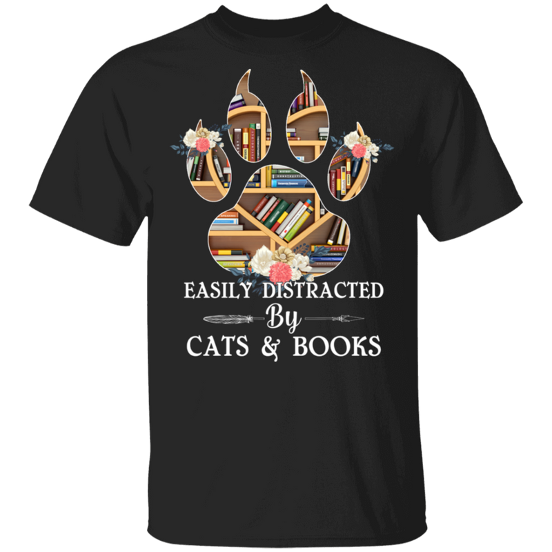 Easily Distracted By Cats And Books T-Shirt CustomCat