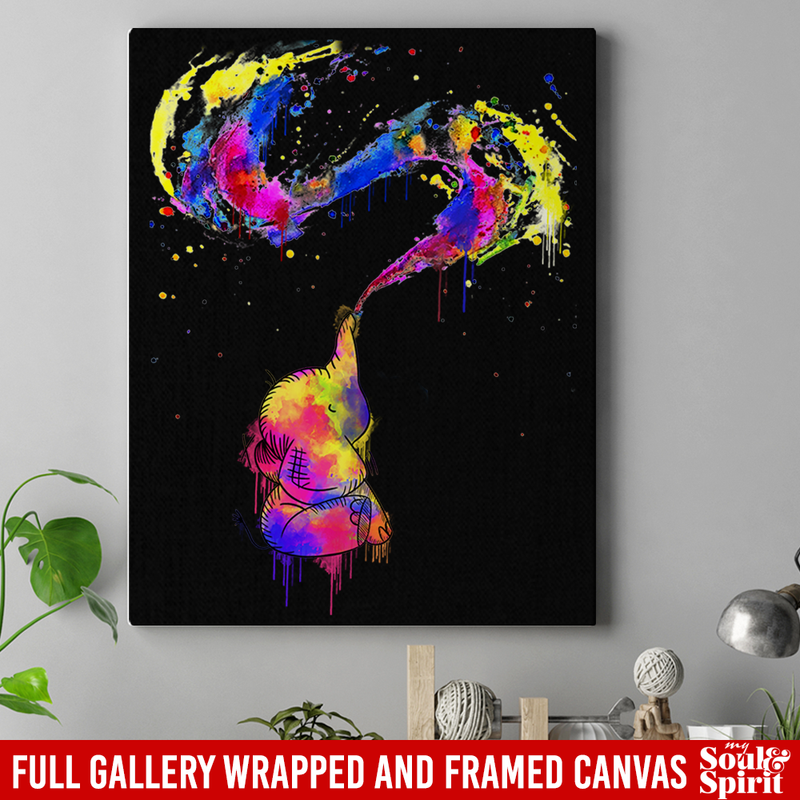 Elephant Canvas - Colorful Cute Baby Elephant Drawing Spaying Water Playing Canvas Wall Art Decor