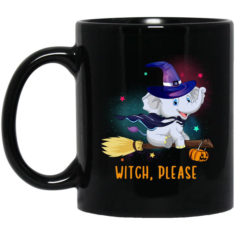 Elephant Coffee Mug Baby Witch Elephant Flying Please Riding Broom Pumpkin Halloween Gift 11oz - 15oz Black Mug CustomCat