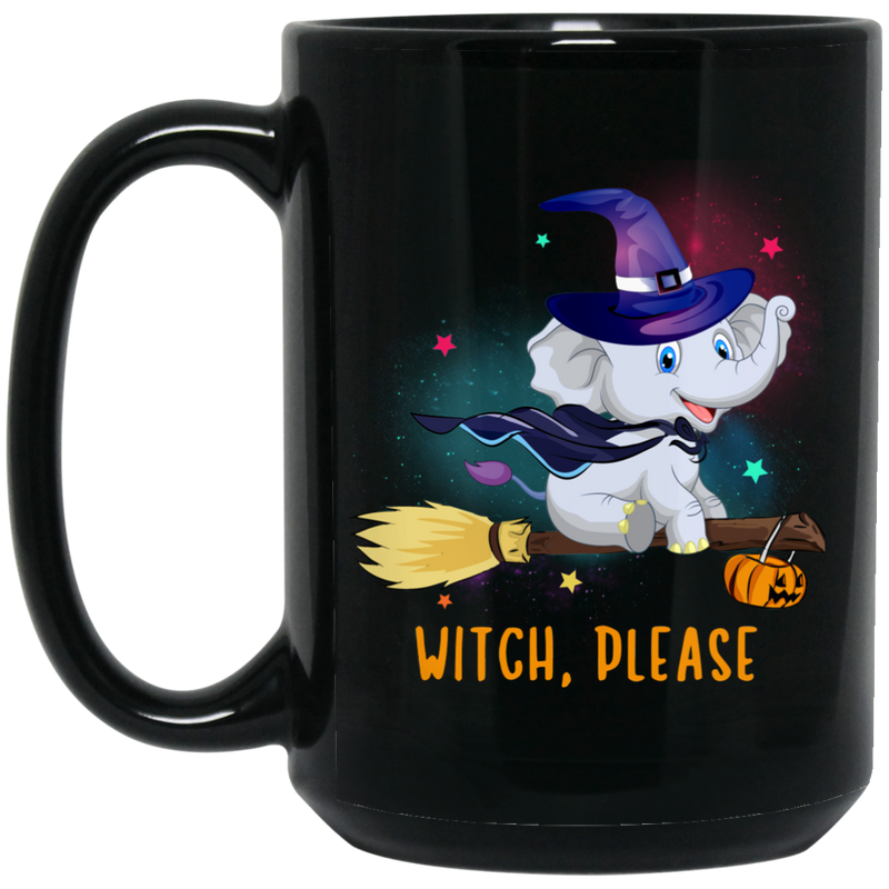 Elephant Coffee Mug Baby Witch Elephant Flying Please Riding Broom Pumpkin Halloween Gift 11oz - 15oz Black Mug CustomCat