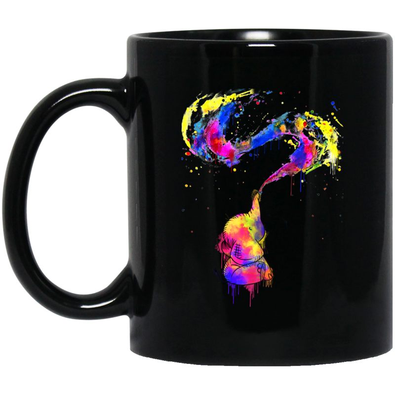 Elephant Coffee Mug Colorful Cute Baby Elephant Drawing Spaying Water Baby Elephant Playing 11oz - 15oz Black Mug CustomCat