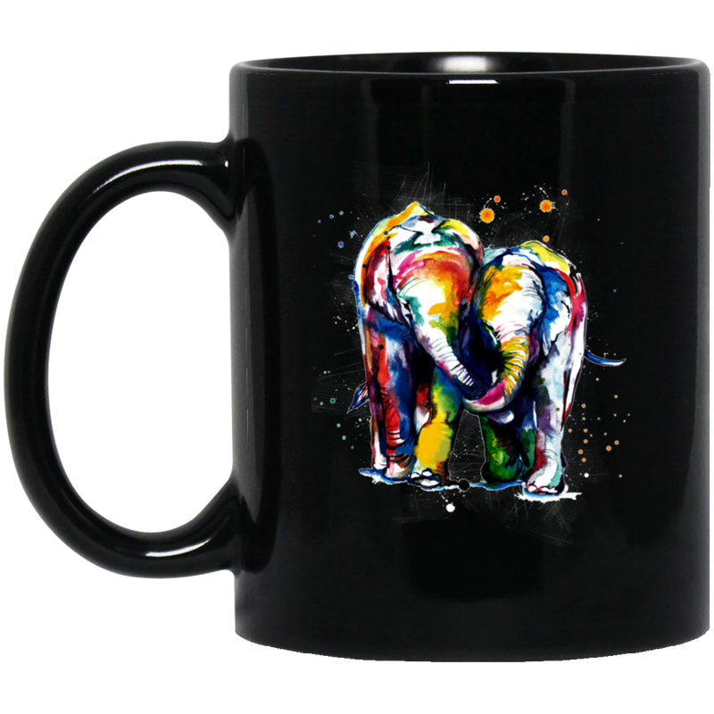 Elephant Coffee Mug Colorful Elephant Walking Baby Elephant Lean On Me Elephant Calf 11oz - 15oz Black Mug CustomCat