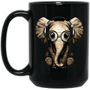 Elephant Coffee Mug Cute Baby Elephant With Headphone Glasses Sitting Elephant 11oz - 15oz Black Mug CustomCat