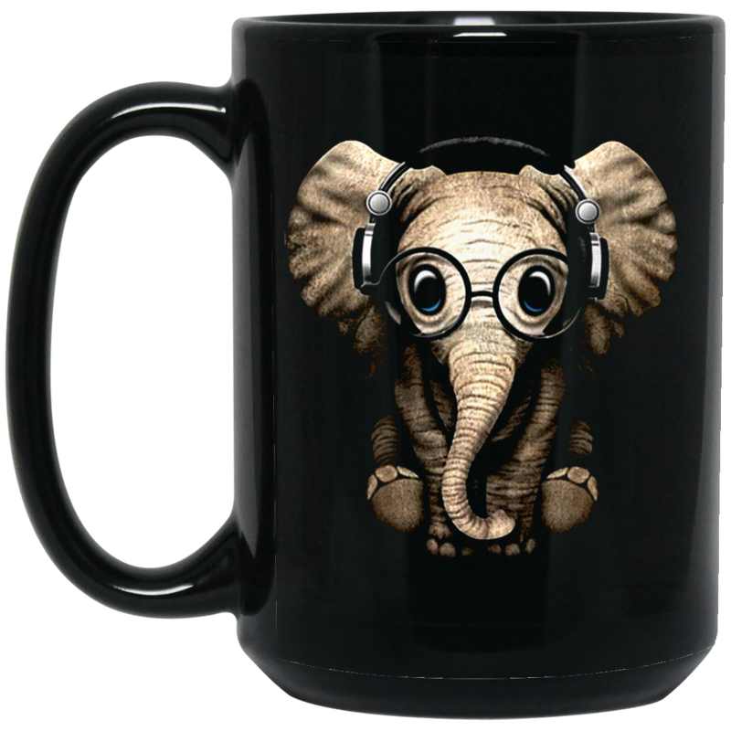 Elephant Coffee Mug Cute Baby Elephant With Headphone Glasses Sitting Elephant 11oz - 15oz Black Mug CustomCat