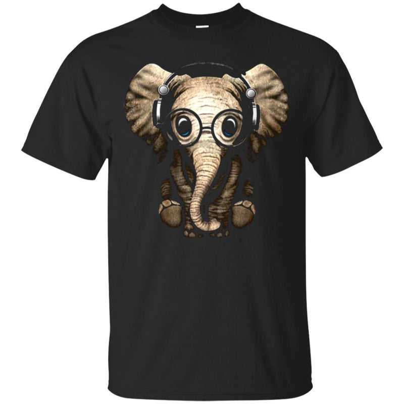 Elephant T-Shirt Cute Baby Elephant With Headphone Glasses Sitting Elephant Tee Shirt CustomCat