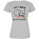 Elephant T-Shirt Just A Woman Who Loves Elephants Female Elephant Flower Elephant Head Tee Shirt CustomCat