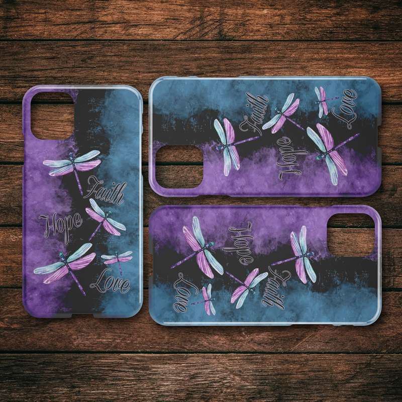 Faith Hope Love Four Dragonflies Purple Black And Blue iPhone Case teelaunch