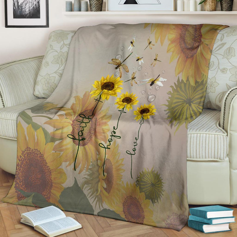 Faith Love Hope Dragonflies Sunflower Fleece Blanket interestprint