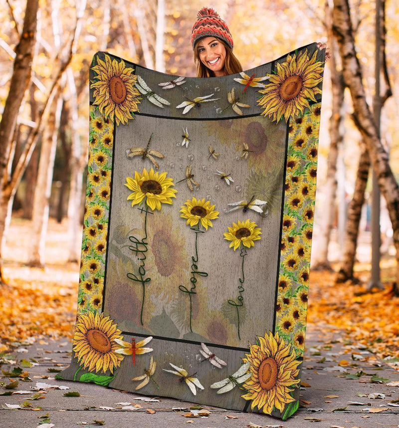 Faith Love Hope Dragonflies Sunflower Fleece Blanket interestprint