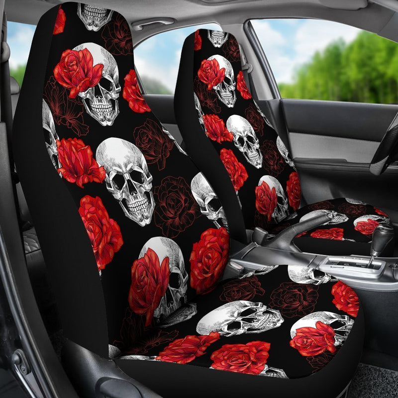 Fascinated Skull Hide Under Red Rose Car Seat Covers (Set Of 2)