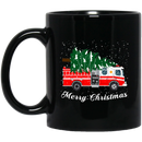 Firefighter Coffee Mug Merry Christmas Fire Truck Chrismas Tree And Snow Gift 11oz - 15oz Black Mug CustomCat