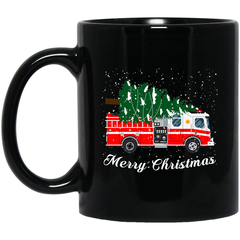 Firefighter Coffee Mug Merry Christmas Fire Truck Chrismas Tree And Snow Gift 11oz - 15oz Black Mug CustomCat