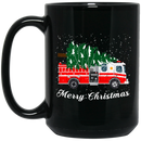 Firefighter Coffee Mug Merry Christmas Fire Truck Chrismas Tree And Snow Gift 11oz - 15oz Black Mug CustomCat