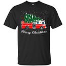 Firefighter T-Shirt Merry Christmas Fire Truck Chrismas Tree And Snow Gift Tee Shirt CustomCat