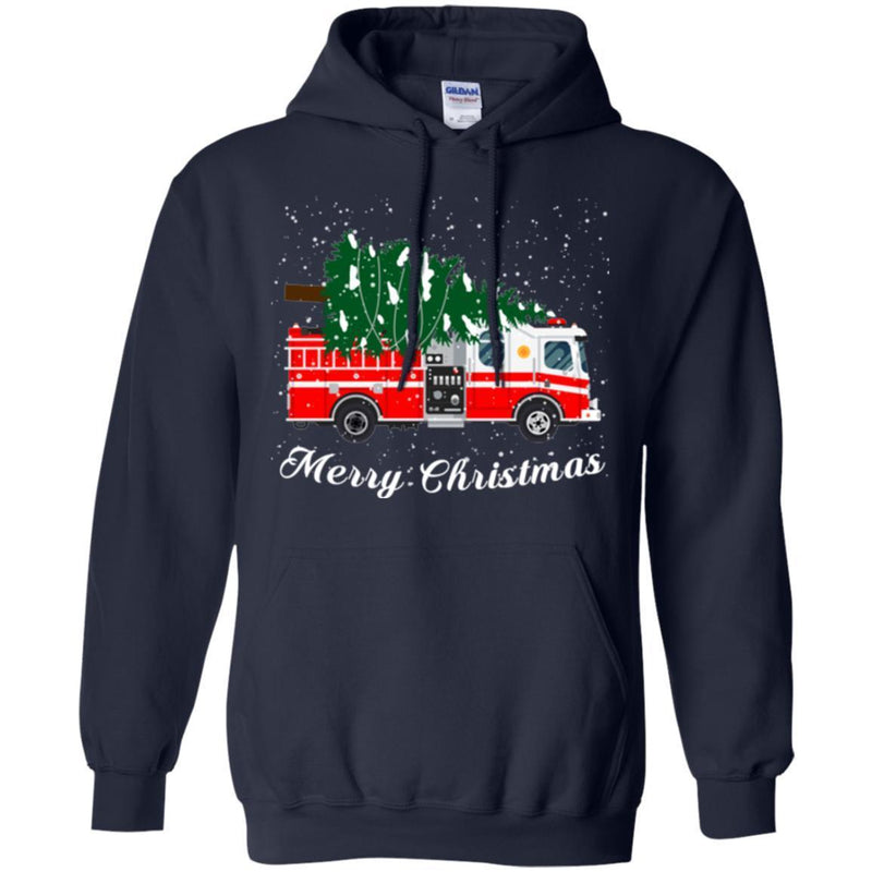 Firefighter T-Shirt Merry Christmas Fire Truck Chrismas Tree And Snow Gift Tee Shirt CustomCat