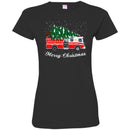 Firefighter T-Shirt Merry Christmas Fire Truck Chrismas Tree And Snow Gift Tee Shirt CustomCat