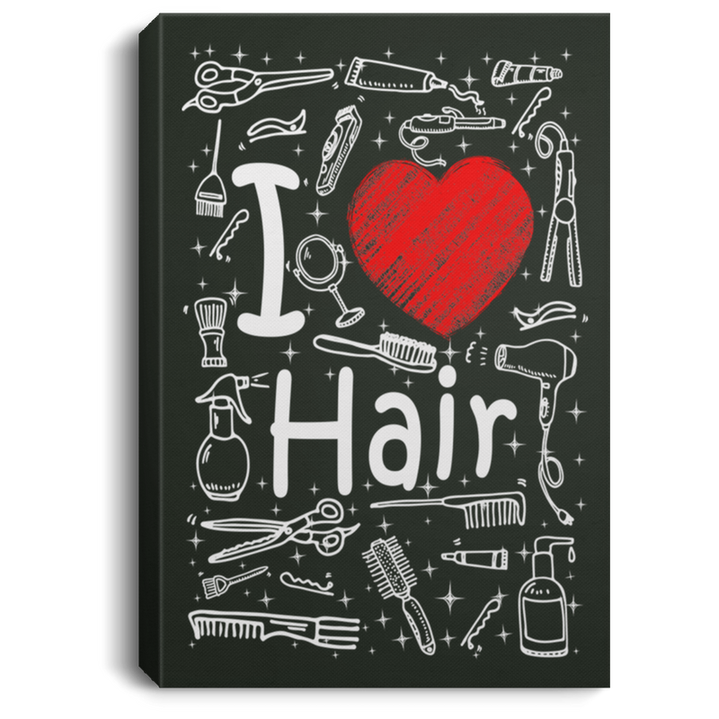 Hairstylist Canvas - I Love Hair With Scissors Comb & Hairdressing Tools Pattern Canvas Wall Art Decor