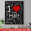 Hairstylist Canvas - I Love Hair With Scissors Comb & Hairdressing Tools Pattern Canvas Wall Art Decor