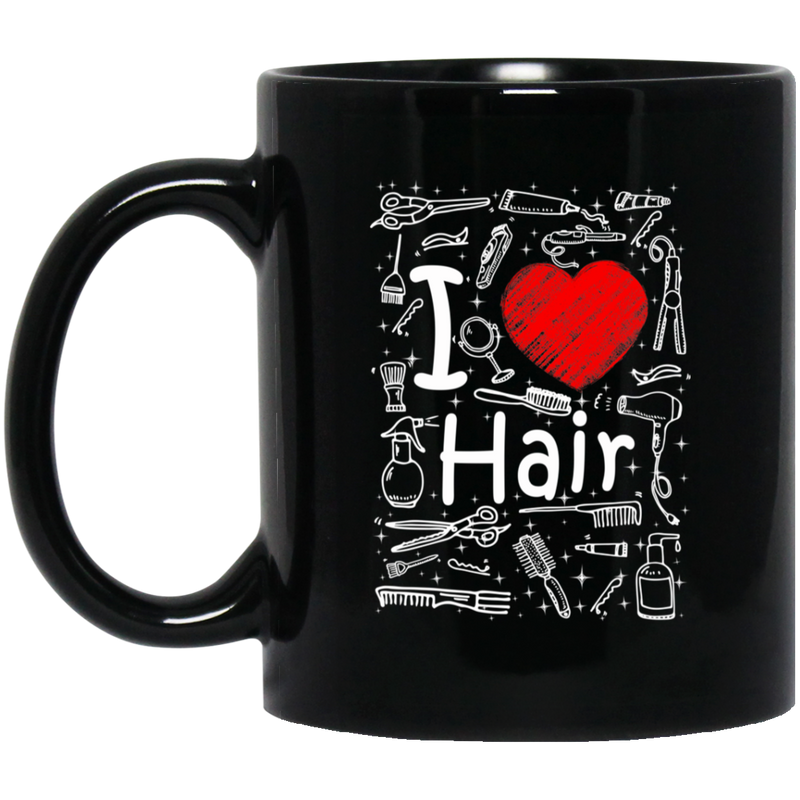 Hairstylist Coffee Mug I Love Hair With Scissors Comb & Hairdressing Tools Pattern Gift 11oz - 15oz Black Mug