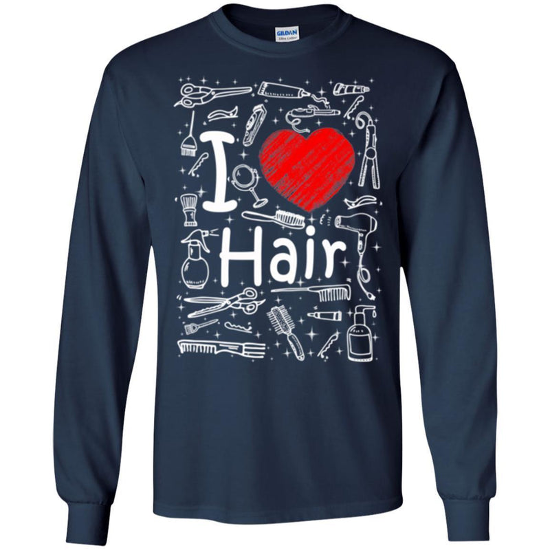 Hairstylist T-Shirt I Love Hair With Scissors Comb & Hairdressing Tools Pattern Tee Gift Tee Shirt CustomCat