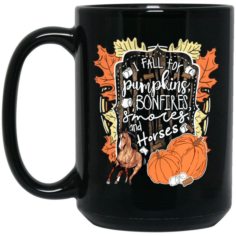 Horse Coffee Mug I Fall For Pumpkins Bonfires And Horses For Halloween Gift 11oz - 15oz Black Mug CustomCat