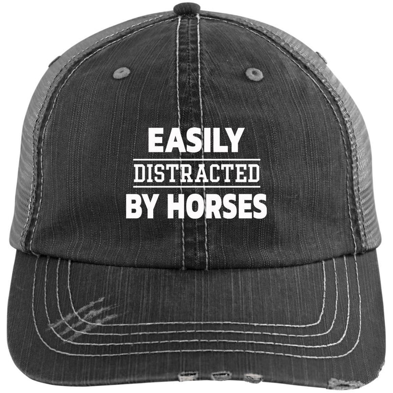 Horse - Easily Distracted By Horse Distressed Unstructured Trucker Cap CustomCat