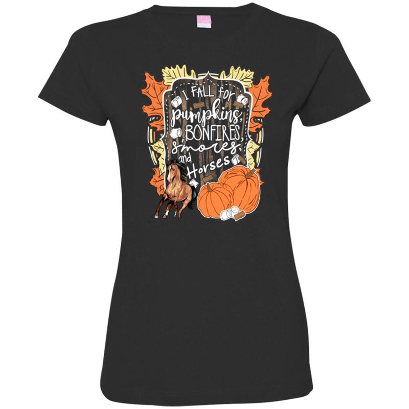 Horse T-Shirt I Fall For Pumpkins Bonfires and Horses For Halloween Gift Tee Shirt CustomCat