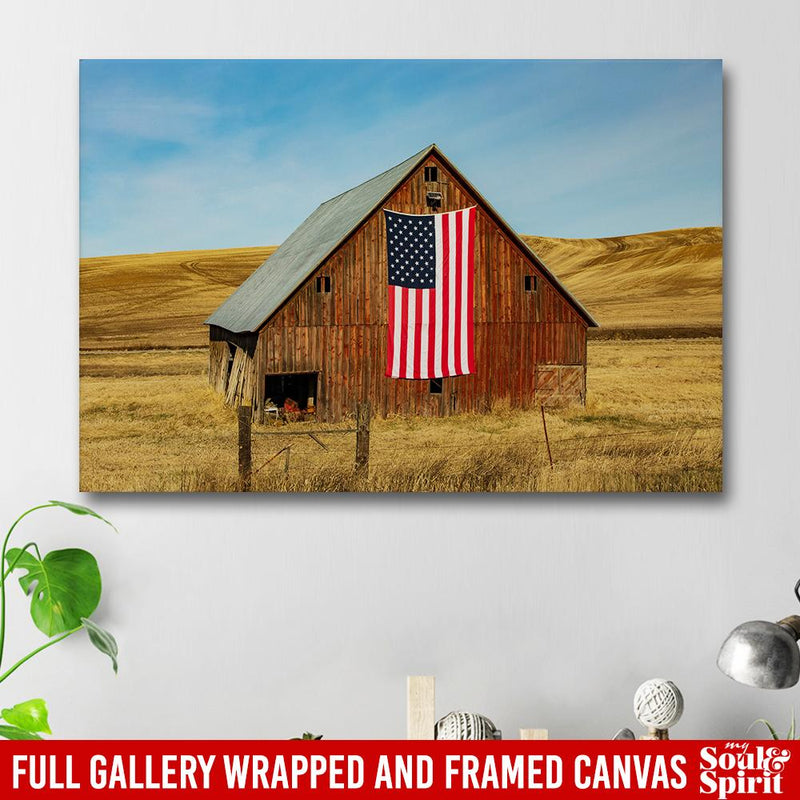 Horses Canvas - Barn On The Plains Displaying The American Flag Canvas For Home Decor Horses - CANLA75 - CustomCat