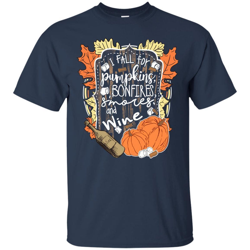 I Fall For Pumpkins Bonfires S'mores And Wine Funny Gifts Wine Lover Shirts CustomCat