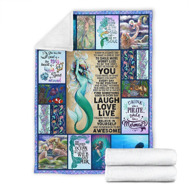Laugh Love Live Believe In Yourself And Remember To Be Awesome Mermaid Fleece Blanket interestprint