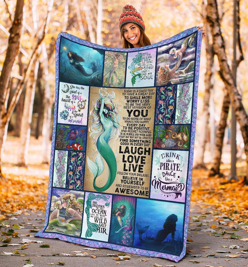 Laugh Love Live Believe In Yourself And Remember To Be Awesome Mermaid Fleece Blanket interestprint