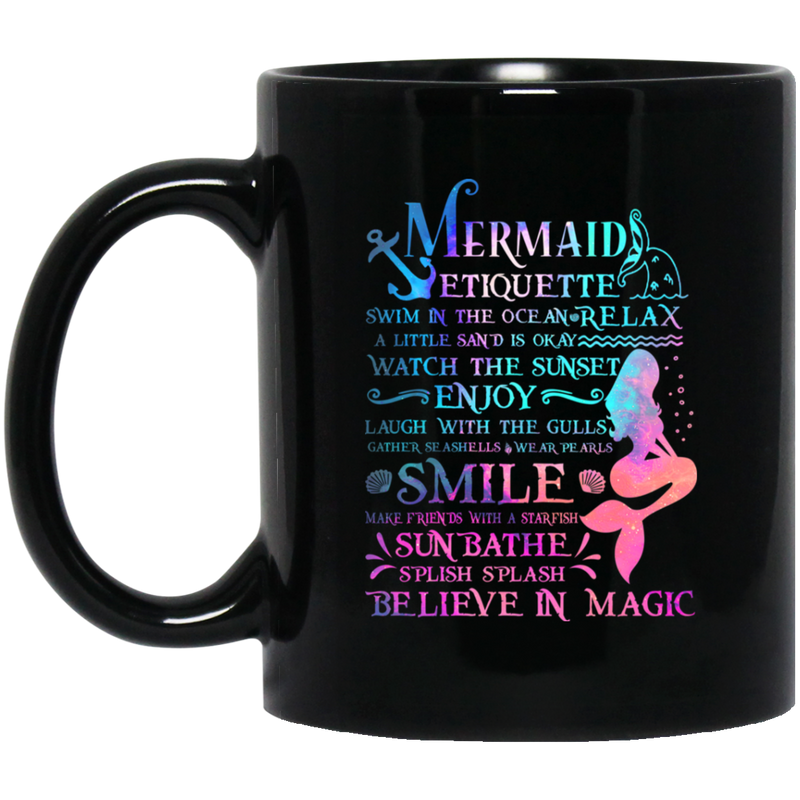 Mermaid Coffee Mug Galaxy Colorful Mermaid Design With Etiquette Smile Believe In Magic  11oz - 15oz Black Mug