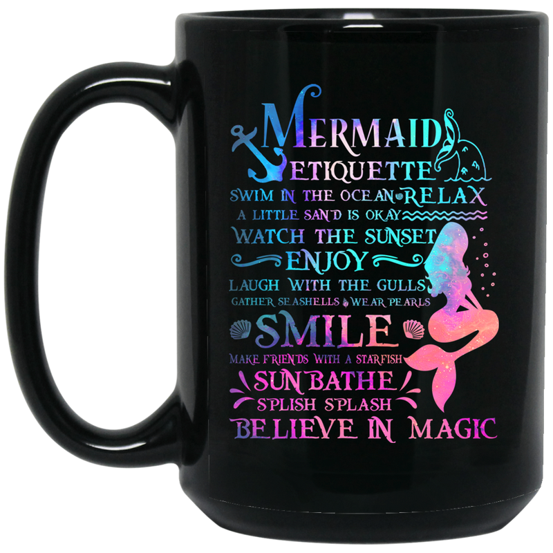 Mermaid Coffee Mug Galaxy Colorful Mermaid Design With Etiquette Smile Believe In Magic  11oz - 15oz Black Mug