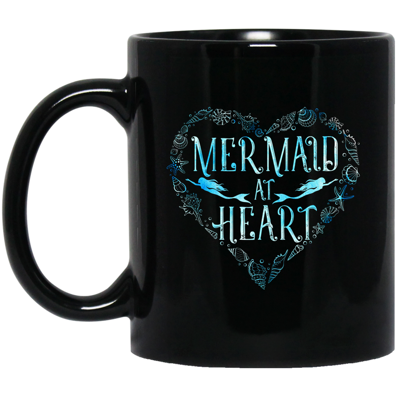 Mermaid Coffee Mug Mermaid At Heart Blue Shells Mermaids Gift For Girls Women 11oz - 15oz Black Mug