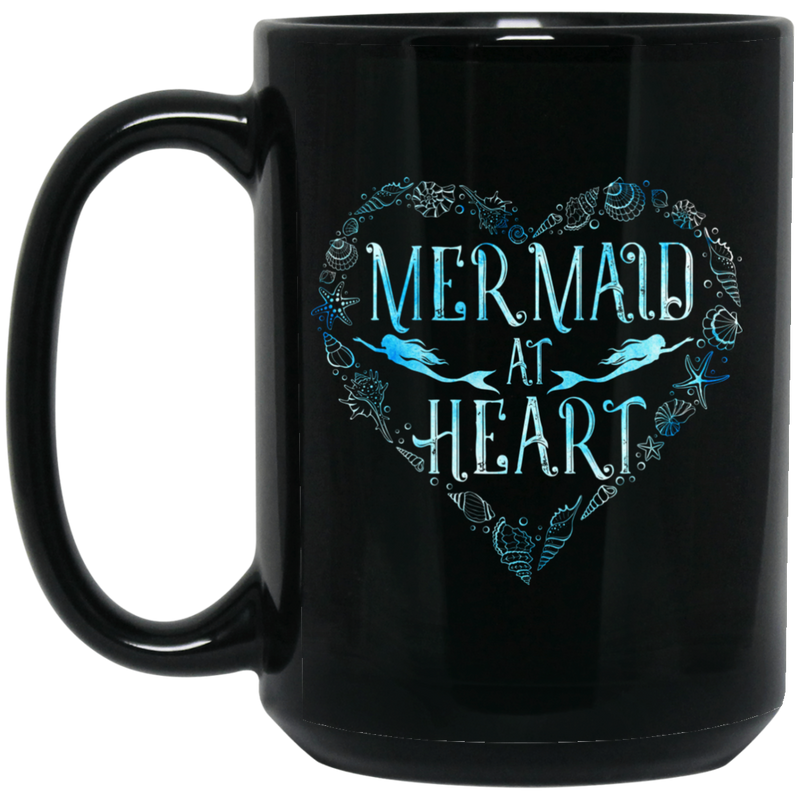 Mermaid Coffee Mug Mermaid At Heart Blue Shells Mermaids Gift For Girls Women 11oz - 15oz Black Mug