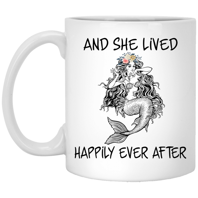 Mermaid Coffee Mug She Lived Happily Ever After Flowers Mermaid Art 11oz - 15oz White Mug