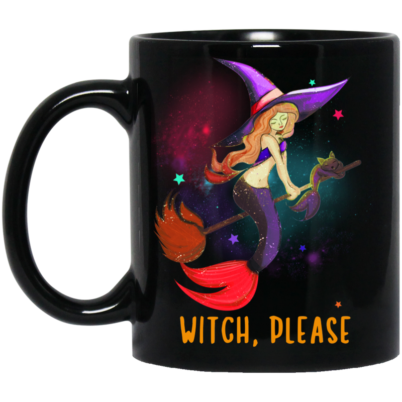 Mermaid Coffee Mug Witch Mermaid Is Riding A Broom With Her Cat Mermaid In Halloween 11oz - 15oz Black Mug