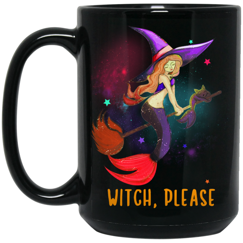 Mermaid Coffee Mug Witch Mermaid Is Riding A Broom With Her Cat Mermaid In Halloween 11oz - 15oz Black Mug