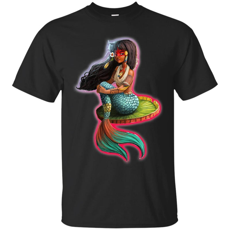 Mermaid T-Shirt Black Beautiful Girl Sitting On Lotus Leaf Shirts CustomCat