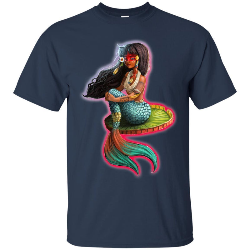 Mermaid T-Shirt Black Beautiful Girl Sitting On Lotus Leaf Shirts CustomCat