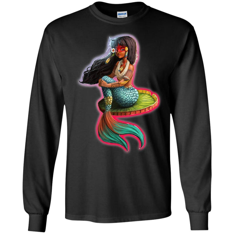 Mermaid T-Shirt Black Beautiful Girl Sitting On Lotus Leaf Shirts CustomCat