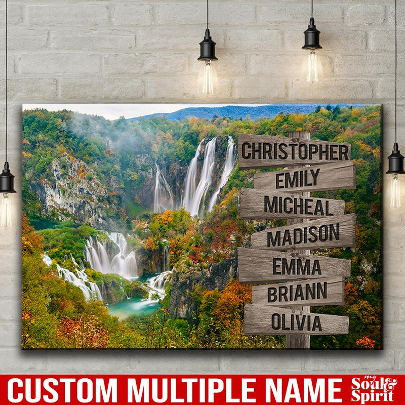 Personalized Name Sign Mountain Lake Waterfall Picture Nature Landscape Wall Art Canvas Custom Name Sign Personalized Wall Decor Last Name Signs For Home Family Name Sign Wall Decor