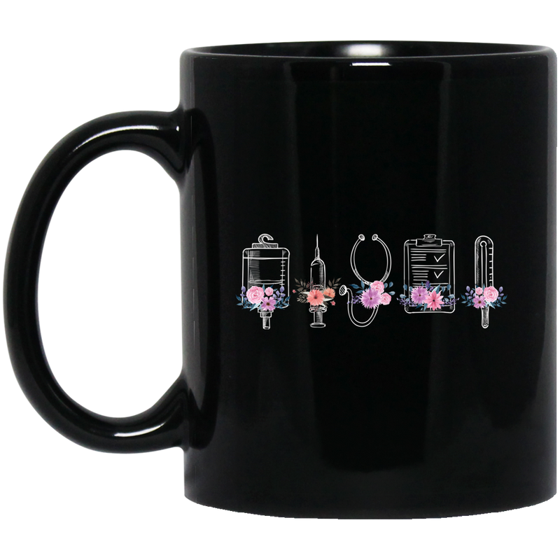 Nurse Coffee Mug Cute Nurse Costume Medical Tools With Flowers Art 11oz - 15oz Black Mug