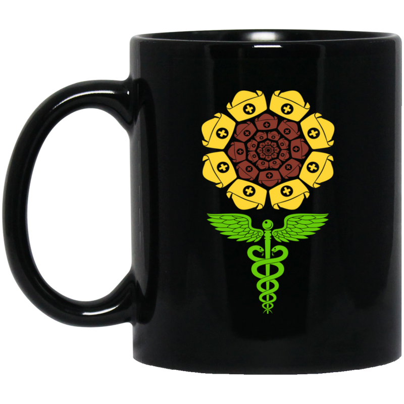 Nurse Coffee Mug Nurse Gifts Sunflower With Nurses Hat Medicine Symbol 11oz - 15oz Black Mug