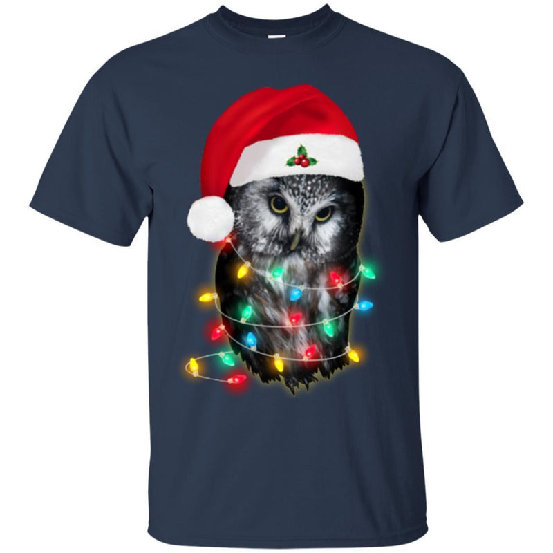 Owl T-Shirt Black Owl Is Wearing Christmas Hat & Color Of The Lamp Tee Shirt CustomCat