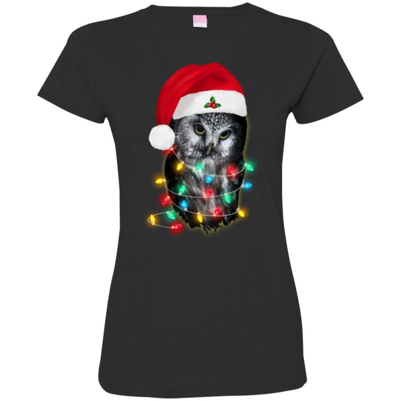 Owl T-Shirt Black Owl Is Wearing Christmas Hat & Color Of The Lamp Tee Shirt CustomCat