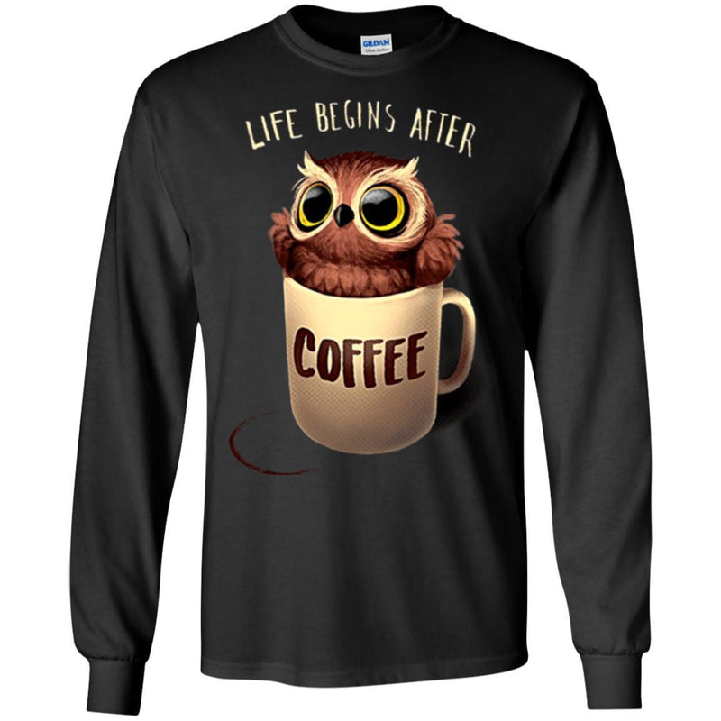 Owl T-Shirt Life Begins After Coffee With Cute Owl in a Cup Tees Funny Gift Tee Shirt CustomCat