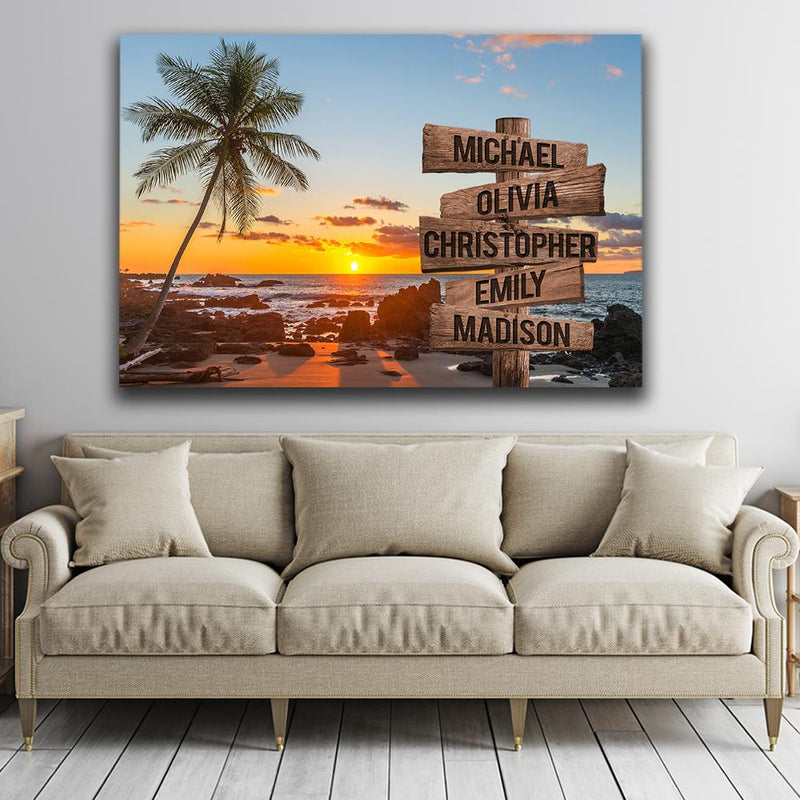Palm Tree Beach Ocean Sunset Multi Names Premium Canvas Crossroads Personalized Canvas Wall Art, Family Street Sign Family Name Art Canvas For Home Decor Family - CANLA75 - CustomCat