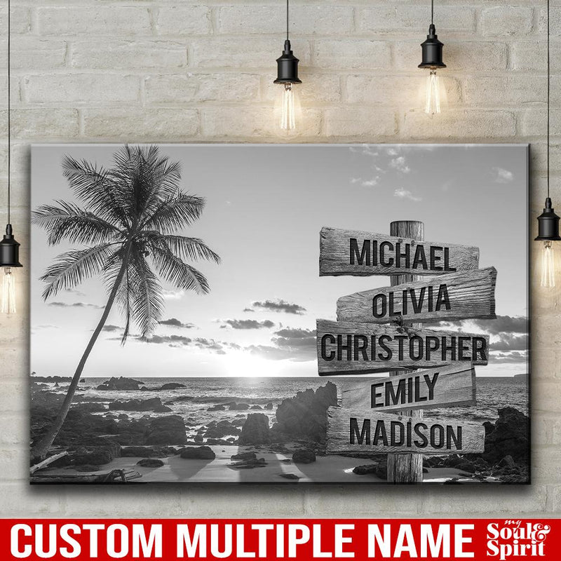 Palm Tree Beach Ocean Sunset Multi Names Premium Canvas Crossroads Personalized Canvas Wall Art, Family Street Sign Family Name Art Canvas For Home Decor Family - CANLA75 - CustomCat