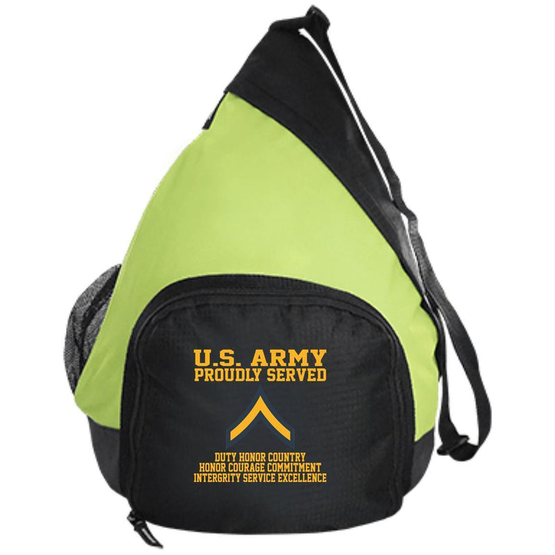 Proudly Served US Army E-2 Private Second Class E2 PV2 Embroidered Active Sling Pack CustomCat
